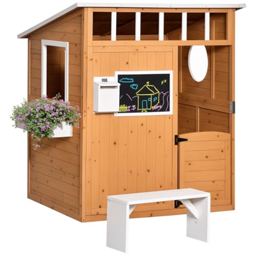 Kids Outdoor Playhouse - 야외용 어린이 목재 놀이집 (작동하는 문,