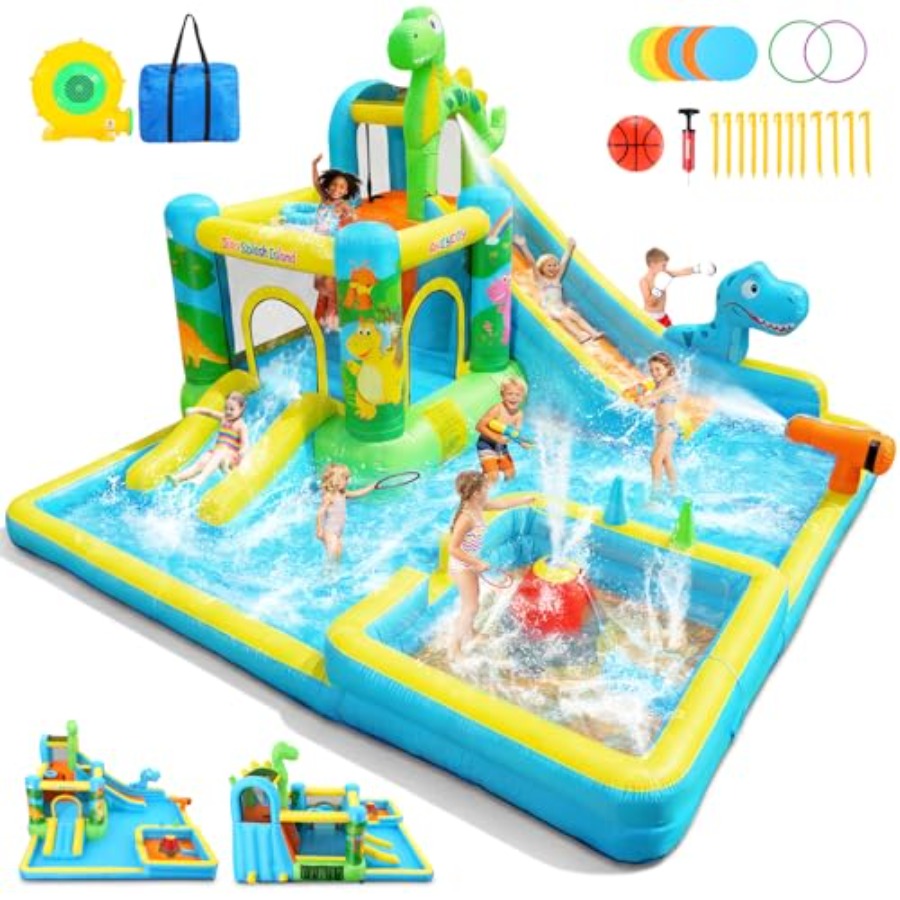 Kids Outdoor Bounce House - 야외 마당용 풍선 워터 슬라이드: 공룡